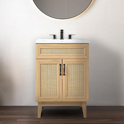 JONATHAN Y Javer Bohemian Rattan Freestanding Bath Vanity, 24", Oak | 18" Deep, 33" High, Double Soft-Close Doors, Caned Paneling, 2-Shelf Storage, Basin Not Included, Modern Farmhouse Style