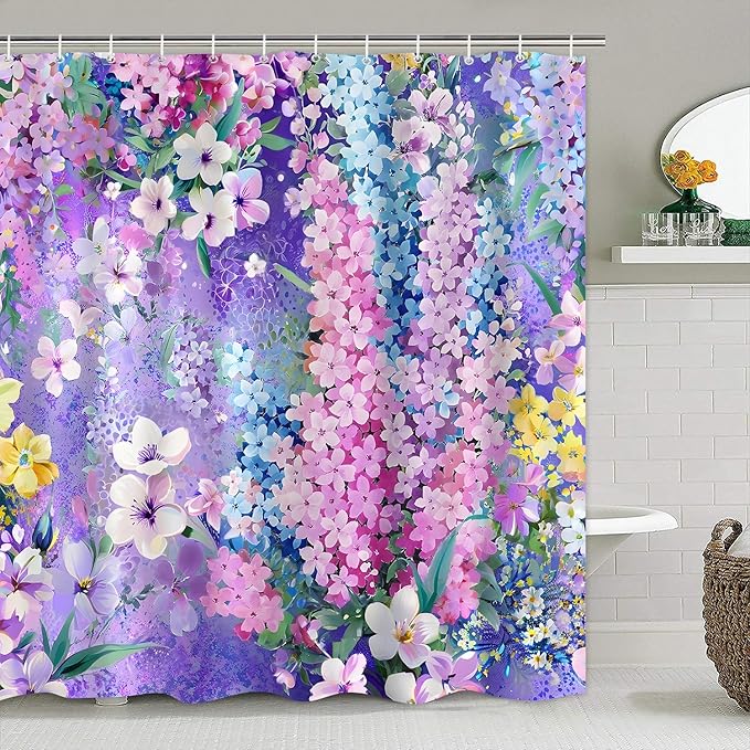 4-Piece Purple Floral Shower Curtain Cute Colorful Flower Bathroom Set with Shower Curtain and Rugs, Pretty Funky Watercolor Cloth Bath Set with Hooks for Farmhouse Home Decor