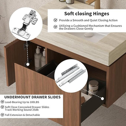 LKTART Floating 30 Inch Bathroom Vanity with Sink, Modern Plywood Wall Mounted Bathroom Storage Cabinet with 1 Door and 1 Drawer, Roma Travertine-Pattern Sintered Stone Countertop and Ceramic Basin