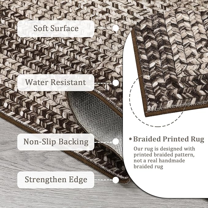 Imitation Braided Collection-Print 4x6 Bedroom Washable Area Rug Dining Room Throw Carpet with Non Slip Rubber Backing, Farmhouse Soft Low Pile Rustic Accent Rug for Living Room Home Decor