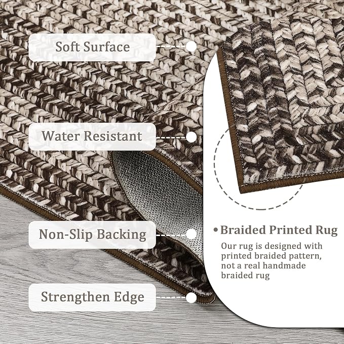 Imitation Braided Collection-Print Washabl Area Rug 6x9 Rugs for Living Room, Rustic Bordered Area Rug Non Slip Soft Foldable Carpet, Low Pile Stain Resistant Carpet for Bedroom, Dining Room