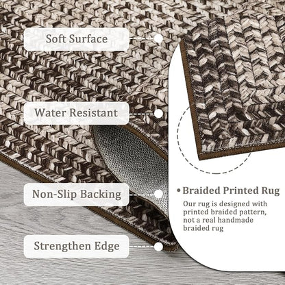 Imitation Braided Collection-Print Washabl Area Rug 6x9 Rugs for Living Room, Rustic Bordered Area Rug Non Slip Soft Foldable Carpet, Low Pile Stain Resistant Carpet for Bedroom, Dining Room