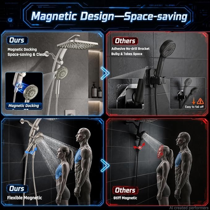 Veken 12" Rain Shower Head with Handheld,High Pressure Power Wash,Magnetic | Starlight,Dual Shower Heads Combo,8-Mode Hand Held Spray with Hose,Double Detachable Rainfall Showerhead,Bathroom Accessories
