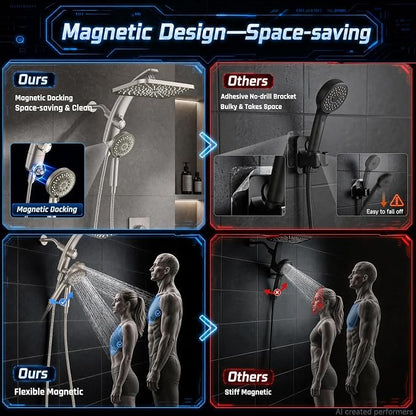 Veken 12" Rain Shower Head with Handheld,High Pressure Power Wash,Magnetic | Starlight,Dual Shower Heads Combo,8-Mode Hand Held Spray with Hose,Double Detachable Rainfall Showerhead,Bathroom Accessories