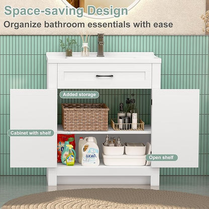 32 Inch Bathroom Vanity with Sink, Small Bathroom Sink Cabinet with 2 Barn Doors, White Single Sink Bath vanities Combo (19" D x 32" W x 36" H)