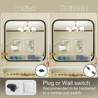 30"x30" Black LED Bathroom Mirror with Lights, 3000K/4500K/6000K | Anti-Fog, Stepless Dimmable, Memory Function, Wall Mounted Aluminum Frame Lighted Bathroom Vanity Mirror, ETL Listed
