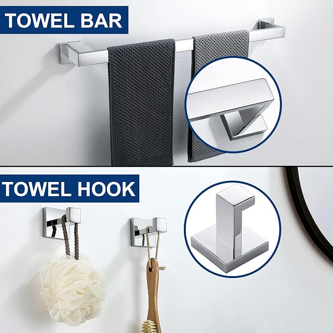 5 Pieces Bathroom Hardware Accessories Set Polished Chrome, 24Inch Bathroom Towel Rack Set SUS304 Stainless Steel, Square Bath Towel bar Set Wall Mounted, Heavy Duty