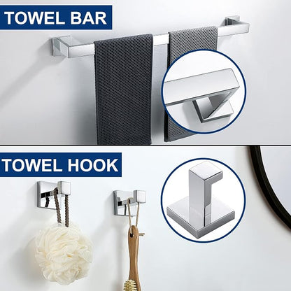 5 Pieces Bathroom Hardware Accessories Set Polished Chrome, 24Inch Bathroom Towel Rack Set SUS304 Stainless Steel, Square Bath Towel bar Set Wall Mounted, Heavy Duty
