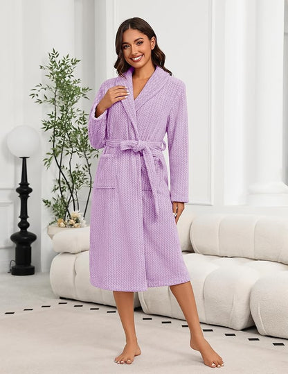Ekouaer Women's Robe Long Plush Soft Bathrobe Cozy Warm Robes Shawl Collar Sleepwear with Pockets