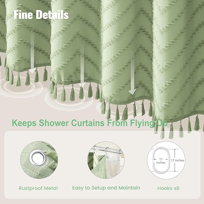 Dynamene Stall Shower Curtain and Liner Set - 48 inch Wide Boho Shower Curtain and Waterproof Clear Liner, Tufted Chevron Striped Tassel Shower Curtains for Bathroom, 8 Hooks, 48x72, Sage Green