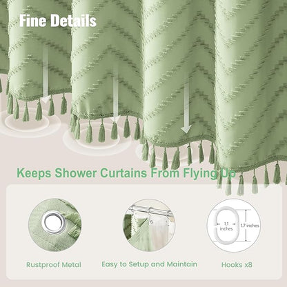 Dynamene Stall Shower Curtain and Liner Set - 48 inch Wide Boho Shower Curtain and Waterproof Clear Liner, Tufted Chevron Striped Tassel Shower Curtains for Bathroom, 8 Hooks, 48x72, Sage Green