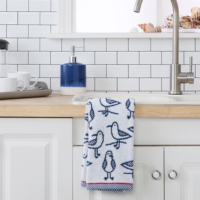 SKL Home Nautical Seagull Sam Hand Towel Set-2pc, Reversible, White | 100% Cotton. Plush & absorbent jacquard. Great for everyday & coastal décor in the bathroom, kitchen or bar.