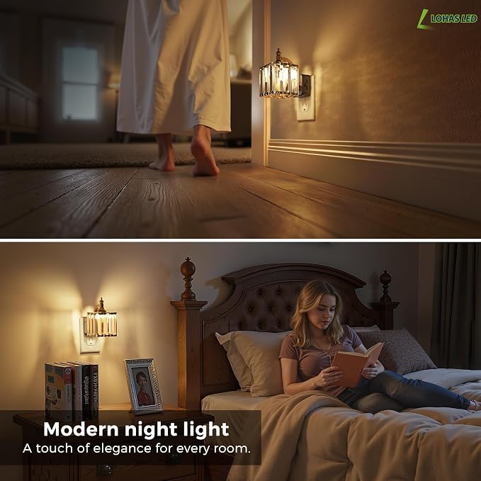 L LOHAS LED Night Light, 2 Pack Night Lights Plug into Wall | 3000K Soft White LED, Crystal Night Lights, Dusk to Dawn Sensor, 0-100lm Adjustable Brightness, for Hallway Bedroom Stairway