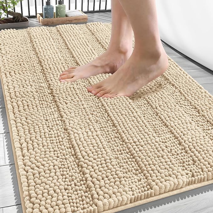 OLANLY Thick Bathroom Rugs 34x21, Soft Chenille Striped Bath Rugs, Beige | Rubber Backing, Machine Wash, Extra Absorbent Bath Mats for Bathroom Floor, Tub and Shower, Home Decor Accessories