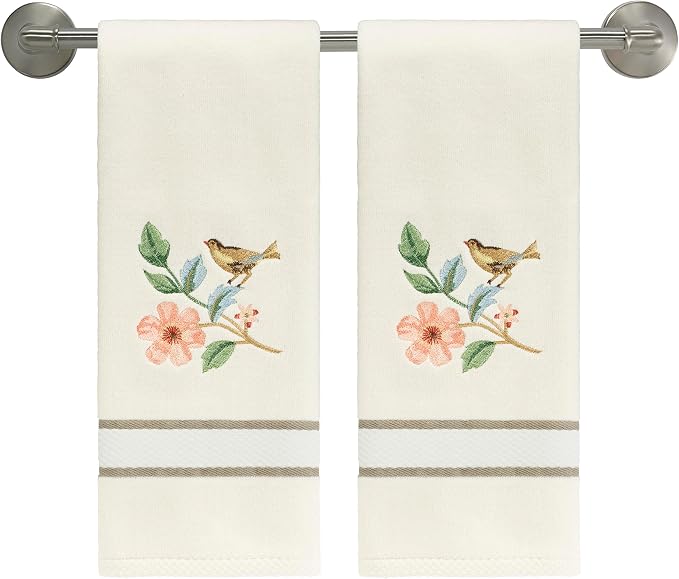 Avanti Linens – Hand Towels, Ringspun Cotton Velour with Embroidered Bird & Floral Design and Striped Border, Set of 2 (Pretty Birds)