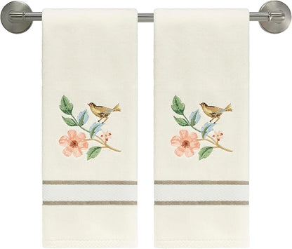 Avanti Linens – Hand Towels, Ringspun Cotton Velour with Embroidered Bird & Floral Design and Striped Border, Set of 2 (Pretty Birds)