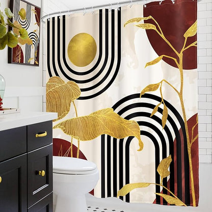 Glawry Red Abstract Mid Century Shower Curtain Boho Retro Tropical Palm Tree Plant Minimalist Sun Arch Bathroom Geometric Aesthetic 60Wx72L Inches Bath Accessories Art Home Decor Fabric 12 Pack Hook