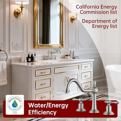 SUMERAIN Vintage 8" Widespread Bathroom Faucet, Brushed Nickel | 3 Hole, 2 Handle, 360°Swivel Spout