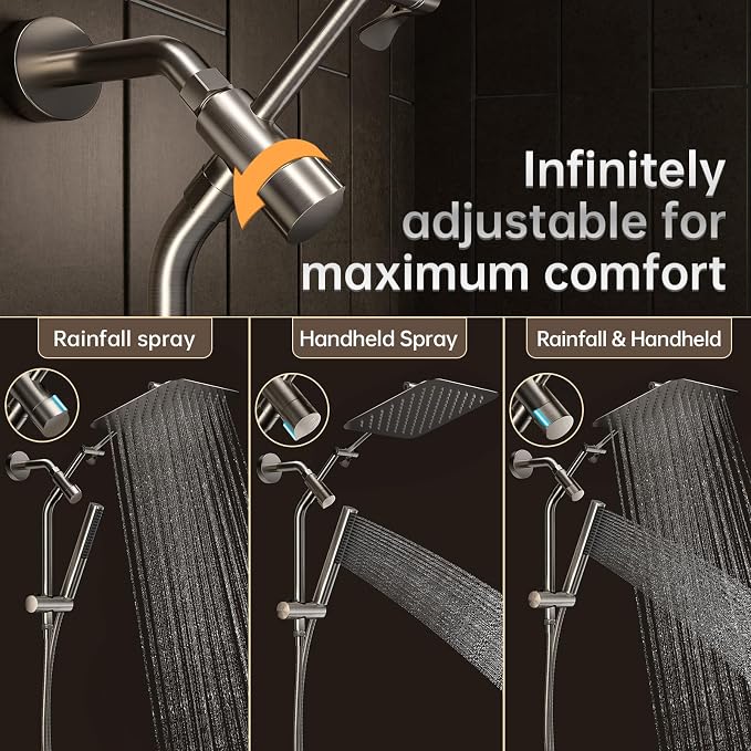 Veken 10" Luxurious Brushed Nickel All Metal Rain Shower Head with Handheld Spray Combo, High Pressure Rainfall Square Shower Heads with Extension Arm, Wide Dual Showerhead, Bathroom Accessories
