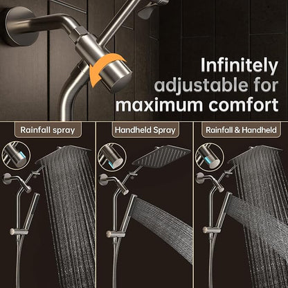 Veken 10" Luxurious Brushed Nickel All Metal Rain Shower Head with Handheld Spray Combo, High Pressure Rainfall Square Shower Heads with Extension Arm, Wide Dual Showerhead, Bathroom Accessories