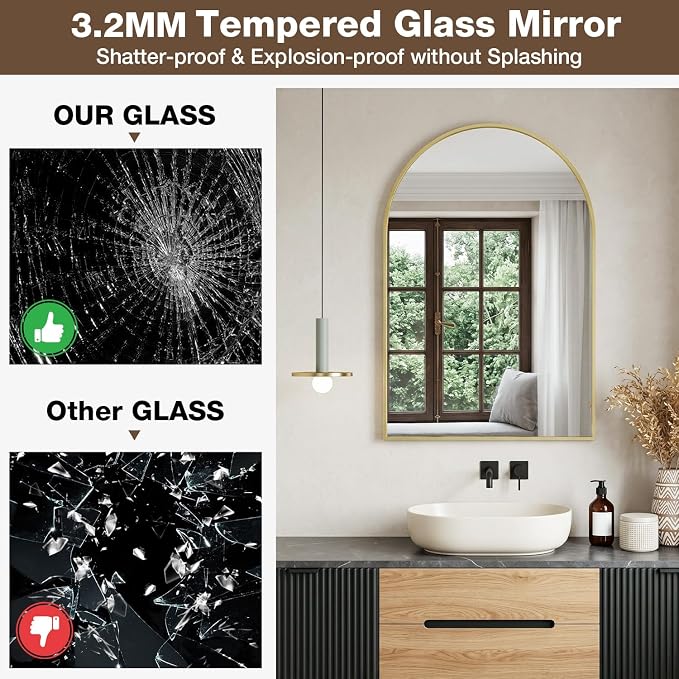 22"x30" Brushed Gold Arched Vanity Bathroom Mirror, Set of 2 | Aluminum Alloy Frame, Clear Reflection, Rust-Resistant, Vertical or Horizontal, Wall Mount, Bedroom and Entryway