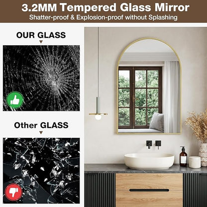 22"x30" Brushed Gold Arched Vanity Bathroom Mirror, Set of 2 | Aluminum Alloy Frame, Clear Reflection, Rust-Resistant, Vertical or Horizontal, Wall Mount, Bedroom and Entryway