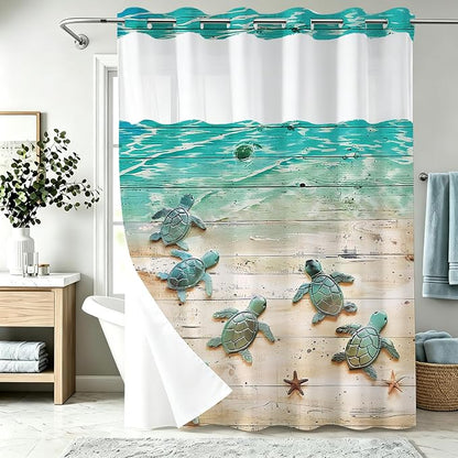 Nautical Green Beach Sea Turtle Theme No Hook Waffle Weave Shower Curtain with Snap in Liner Nautical Blue Bathroom Ocean Set 72 W x 81 H Inch Blue