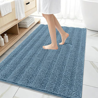 OLANLY Thick Large Bathroom Rugs 59x35, Soft Chenille Bath Rugs, Airy Blue | Absorbent Striped, Rubber Backing, Machine Wash Dry, Bath Mats for Bathroom Floor, Tub and Shower, Home Decor Accessories