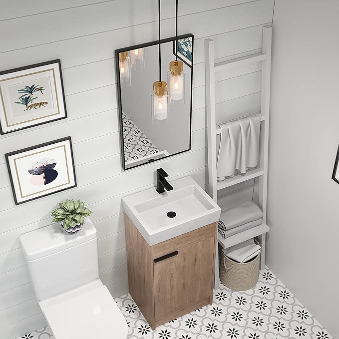 18 Inch Bathroom Vanity with Sink Combo, Floor-Mounted Bathroom Vanity with Soft Close Door&1 Adjustable Shelf,Modern Freestanding Bathroom Vanity with Top Basin & Storage Cabinet,Brown
