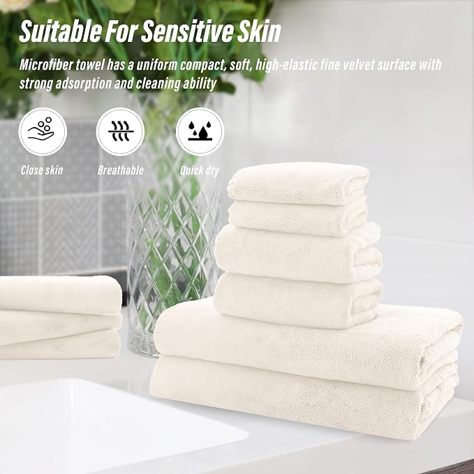 MOONQUEEN Ultra Soft Towel Set-Quick Drying - 2 Bath Towels 2 Hand Towels 2 Washcloths-Microfiber Coral Velvet Highly Absorbent Towel for Bath Fitness,Bathroom,Sports,Yoga, Travel(Cream, 6 Pcs)