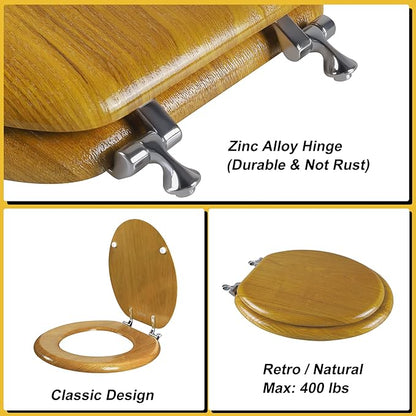 Angel Shield Durable Wood Veneer Natural Toilet Seat Metal Hinged Easy Clean Anti-scratch American Standard(Elongated,Oak)