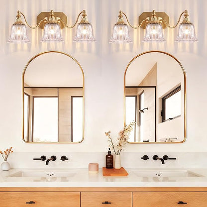 Brushed Gold 3-Light Bathroom Vanity Light, Crystal Glass Shade | Vintage Look, Antique Gold Finish, Solid Metal Frame, Wall Mount Lighting Fixtures Over Mirror, for Bathroom Restroom