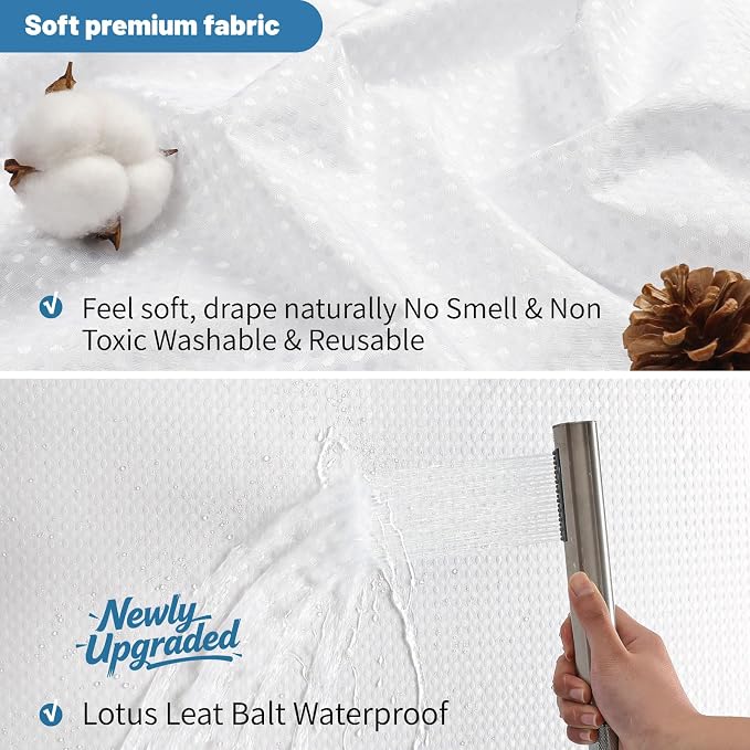 2-in-1 Waterproof Fabric Shower Curtain - No Separate Liner Needed, Hotel-Style Waffle Weave, Effortless Cleaning & Washable Bathroom Shower Curtain Set,48Wx72H,White