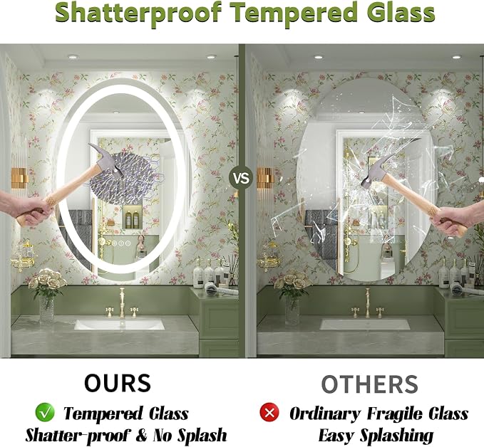 OKPAL Oval LED Mirror for Bathroom 40x30, Bathroom Mirror with Lights, Oval Lighted Bathroom Mirror, Anti-Fog, Shatter-Proof, Dimmable, Memory, 3 Colors (Front Lights + Backlit)