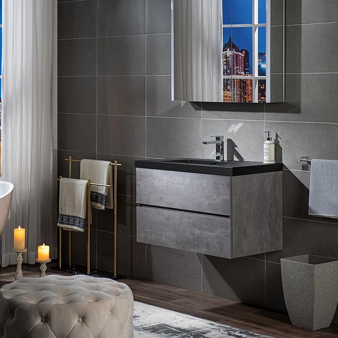 WOODBRIDGE 36 in. W x 19 in. D Wall Mounted Floating Bathroom Vanity in Gray with Quartz Sand Composite Vanity Top in Matte Black