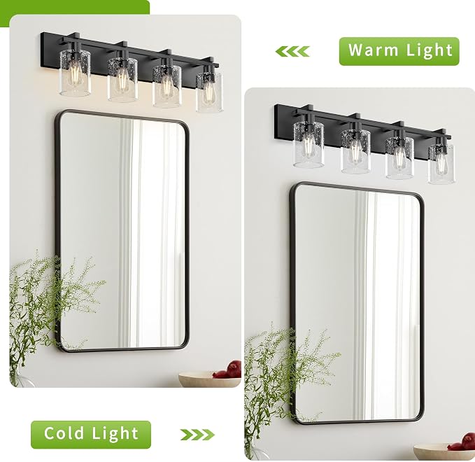 4-Light 30inch Black Vanity Light, Thickened Seeded Glass Shade | Over Mirror for Bathroom, Rust Resistant, E26 Base, Easy Install, Removable Glass Shade Horizontal Mount, Dimmable