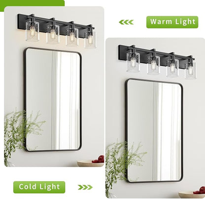 4-Light 30inch Black Vanity Light, Thickened Seeded Glass Shade | Over Mirror for Bathroom, Rust Resistant, E26 Base, Easy Install, Removable Glass Shade Horizontal Mount, Dimmable