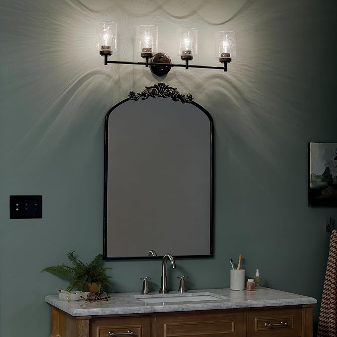 Kichler Winslow 4-Light Farmhouse Vanity Light, Black | Clear seeded glass vanity light with industrial styling (30" x 9.25" x 6.5"), 45887BK