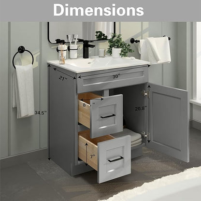 30" Shaker Bathroom Vanity Sink Base with Drawers (Ready-to-Assemble) (Light Grey Shaker Vanity Base)