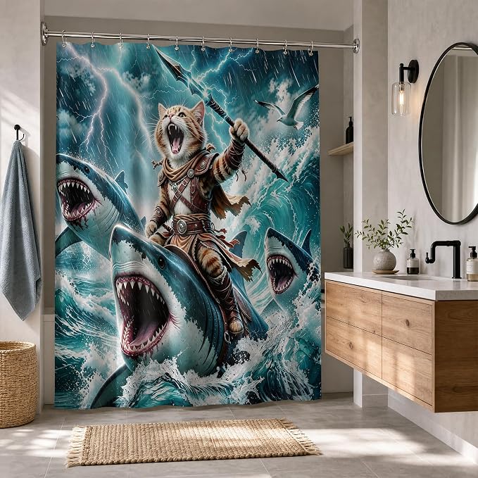 Funny Cat Shower Curtain, Fun Cartoon Shark Riding Bath Curtain | 72x72 Inches, Waterproof Polyester Fabric, Ocean Themed Bathroom Decor for Teens, Includes 12 Hooks, Grey Blue Design
