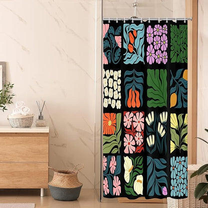 JAWO Retro Shower Curtain Vintage Abstract Boho Floral Shower Curtains for Bathroom Decor Black Blue Botanical Geometric Groovy Aesthetic Pattern Shower Curtain Sets with Hooks,48X70IN