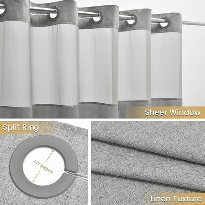 WONICY Stall No Hook Shower Curtain with Snap-in Liner, Grey, 54 x 80 | Ringless, Waterproof & Washable, Hotel Style, Mesh Top Window, Bottom Magnets, Thick, Farmhouse, for Bathroom
