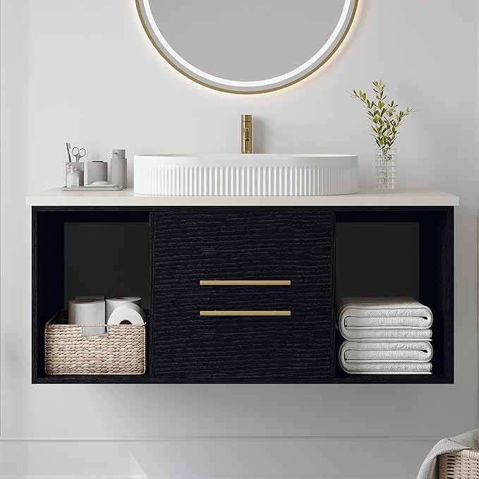 40" Modern Black Bathroom Vanity Floating Bathroom Vanities with Above Oval Ceramic Sink 40-inch Wall Mounted Wooden Bathroom Sink Cabinet with 2 Drawers&2 Open Shelves&Gold Metal Handle
