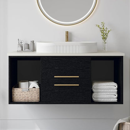 40" Modern Black Bathroom Vanity Floating Bathroom Vanities with Above Oval Ceramic Sink 40-inch Wall Mounted Wooden Bathroom Sink Cabinet with 2 Drawers&2 Open Shelves&Gold Metal Handle