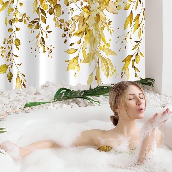 Yellow Eucalyptus Shower Curtain, Watercolor Floral Print, 72x72 | Watercolor Plant Leaves Floral Print, Waterproof Fabric Bathroom Decor, Machine Washable, Rustproof Grommets