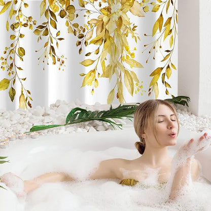 Yellow Eucalyptus Shower Curtain, Watercolor Floral Print, 72x72 | Watercolor Plant Leaves Floral Print, Waterproof Fabric Bathroom Decor, Machine Washable, Rustproof Grommets
