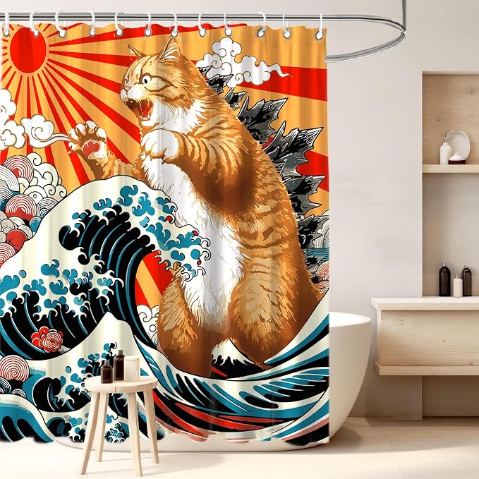 Funny Japanese Cat Shower Curtain, Vintage Orange Cat Japan Anime Ocean Wave Waterproof Shower Curtain with Hooks, Funky Animal Sun Fabric Shower Curtains Kids Bathroom Decor 72X72inches