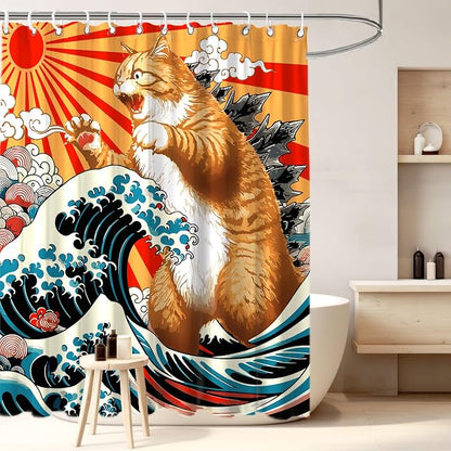Funny Japanese Cat Shower Curtain, Vintage Orange Cat Japan Anime Ocean Wave Waterproof Shower Curtain with Hooks, Funky Animal Sun Fabric Shower Curtains Kids Bathroom Decor 72X72inches