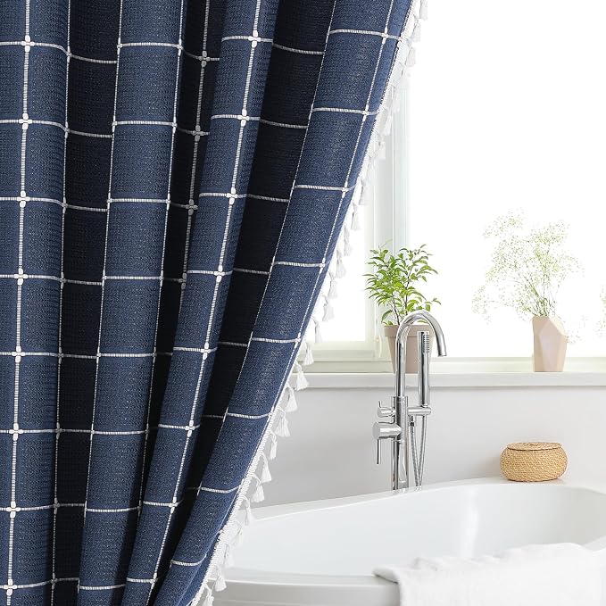 Long Boho Farmhouse Shower Curtain for Bathroom 72x78 | Long French Country Plaid Tassel Shower Curtain, Rustic Aesthetic Bathroom Decor Windows Curtain, Navy Blue
