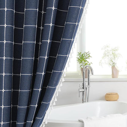 Long Boho Farmhouse Shower Curtain for Bathroom 72x78 | Long French Country Plaid Tassel Shower Curtain, Rustic Aesthetic Bathroom Decor Windows Curtain, Navy Blue